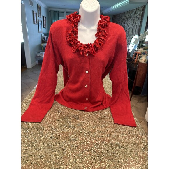 Carole Little silk cashmere Womens Large Red Ruffle waist length see measureme - Picture 3 of 10